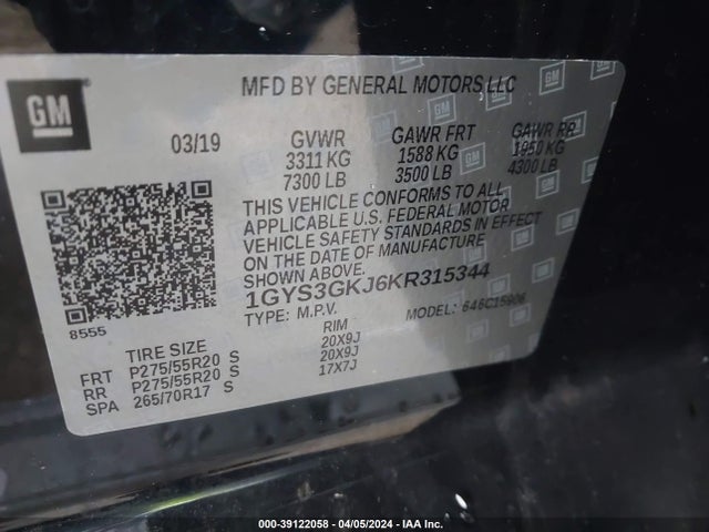 1GYS3GKJ6KR315344 Cadillac Escalade Esv Standard