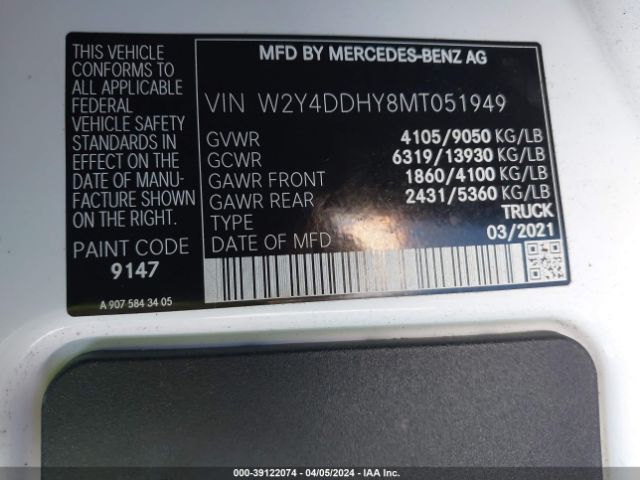 W2Y4DDHY8MT051949 Freightliner Sprinter 2500 High Roof I4 Diesel