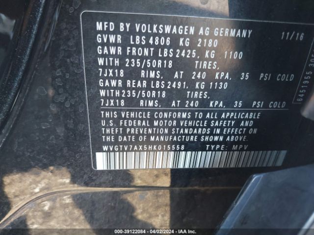 WVGTV7AX5HK015558 Volkswagen Tiguan 2.0t Sport