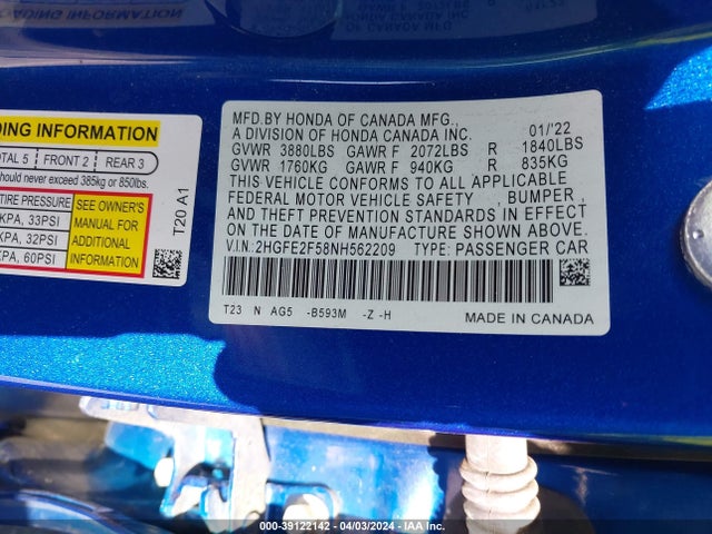 Honda Civic Sport 2022 2HGFE2F58NH562209 Image 9