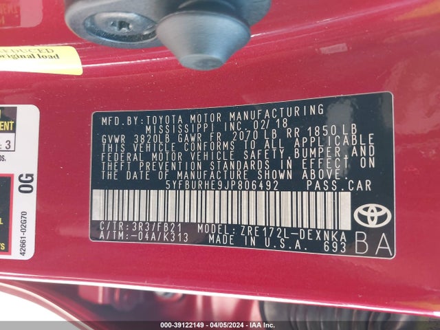 Toyota COROLLA LE 2018 5YFBURHE9JP806492 Image 9