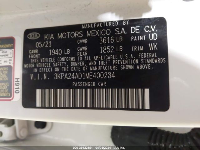 3KPA24AD1ME400234 KIA RIO S