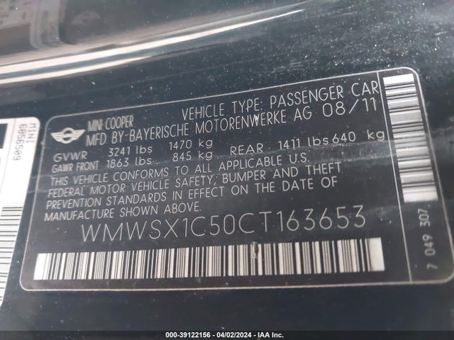2012 MINI COOPER WMWSX1C50CT163653 Photo 8