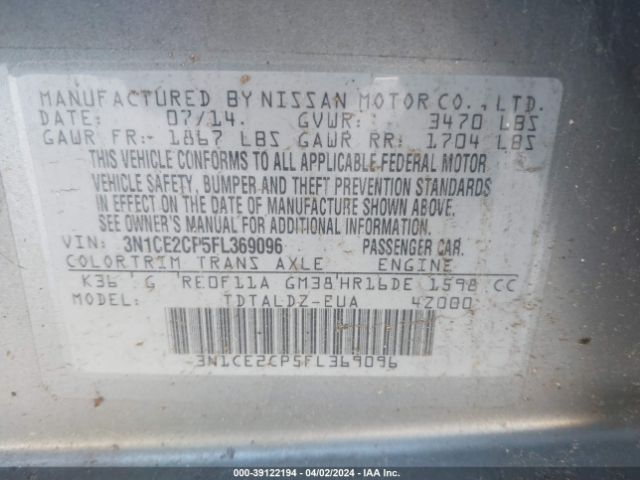 3N1CE2CP5FL369096 Nissan Versa Note S (sr)/s Plus/sl/sr/sv