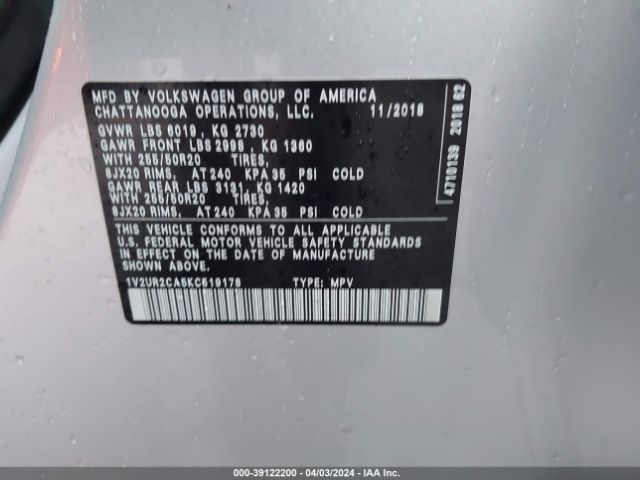 1V2UR2CA5KC519178 Volkswagen Atlas 3.6l V6 Se W/technology