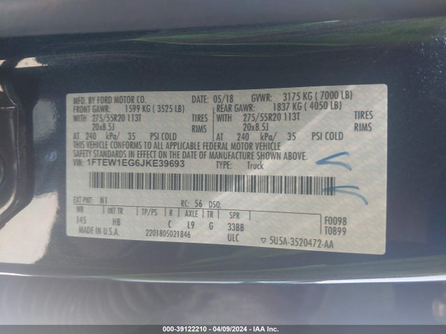 Ford F-150 Lariat 2018 1FTEW1EG6JKE39693 Image 9