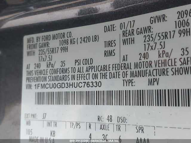 Ford ESCAPE SE 2017 1FMCU0GD3HUC76330 Image 9