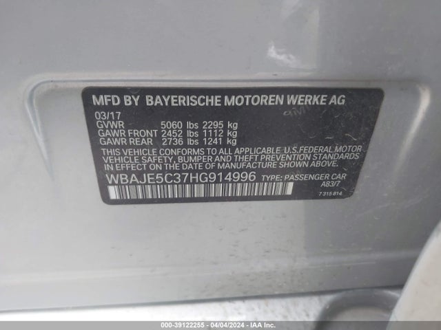 BMW 540I 2017 WBAJE5C37HG914996 Image 9