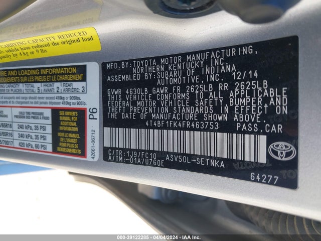 Toyota CAMRY LE 2015 4T4BF1FK4FR463753 Image 9