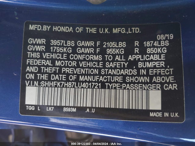 Honda Civic Ex-l 2020 SHHFK7H87LU401721 Image 9