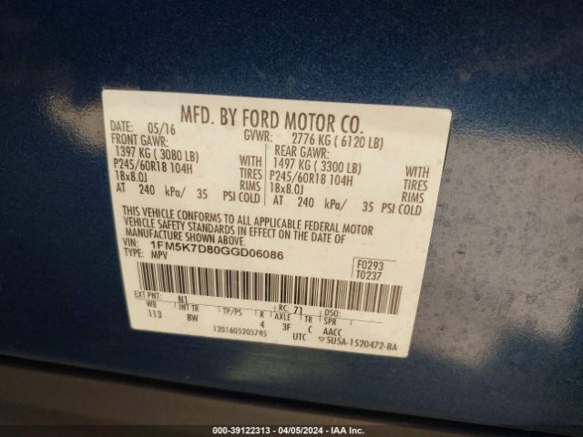 1FM5K7D80GGD06086 Ford EXPLORER XLT
