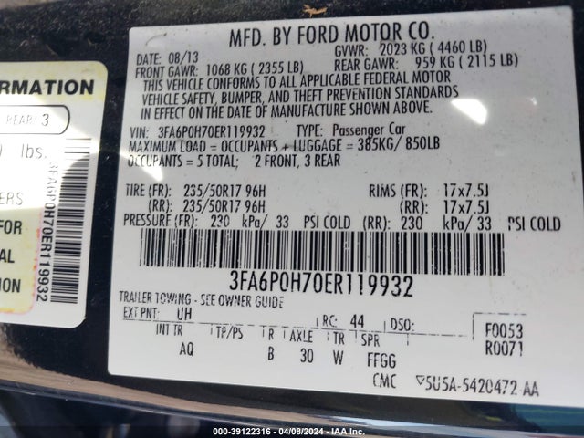 Ford FUSION SE 2014 3FA6P0H70ER119932 Image 9