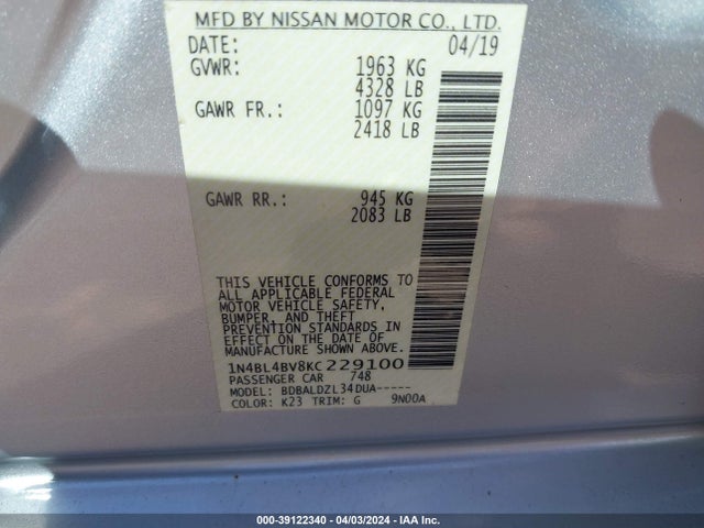 Nissan Altima 2.5 S 2019 1N4BL4BV8KC229100 Image 9