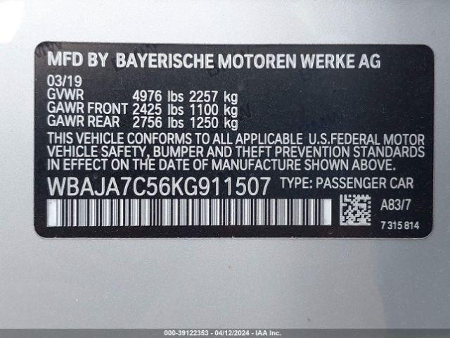 WBAJA7C56KG911507 BMW 530i Xdrive