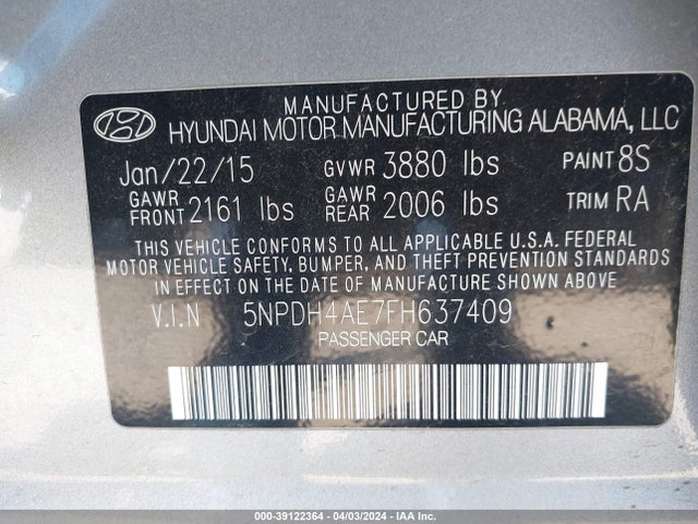 Hyundai Elantra Limited 2015 5NPDH4AE7FH637409 Image 9