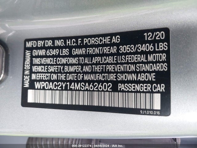 2021 PORSCHE TAYCAN WP0AC2Y14MSA62602 Photo 8