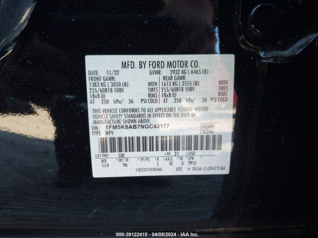 1FM5K8AB7NGC42177 Ford Police Interceptor Utility