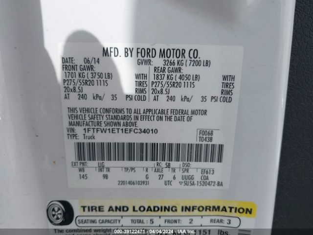 1FTFW1ET1EFC34010 Ford F-150 Platinum