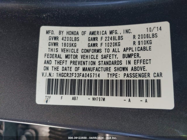 Honda ACCORD LX 2015 1HGCR2F33FA045714 Image 9