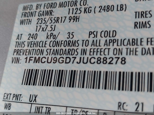 Ford ESCAPE SE 2018 1FMCU9GD7JUC88278 Image 9