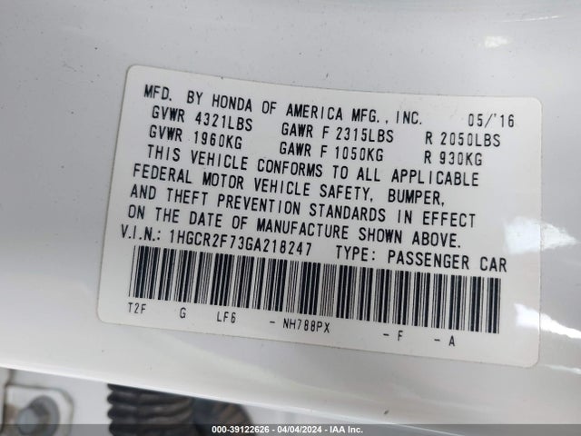 Honda ACCORD EX 2016 1HGCR2F73GA218247 Image 9