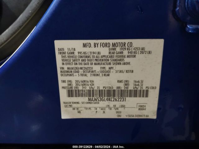 MAJ6S3GL4KC262231 Ford Ecosport Se