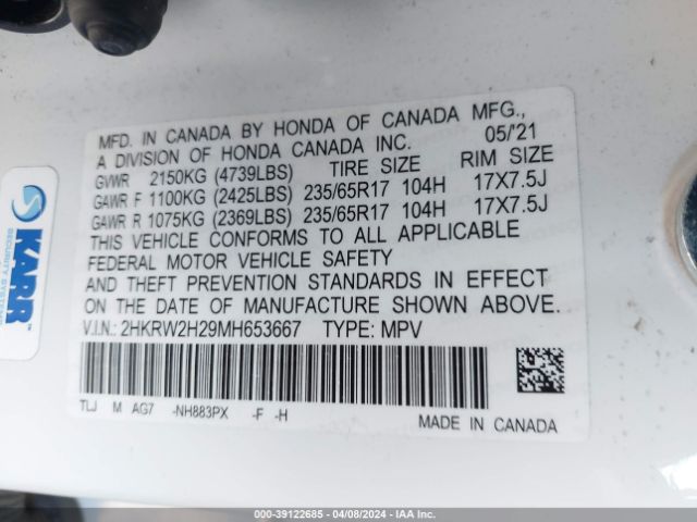 2HKRW2H29MH653667 Honda Cr-v Awd Lx