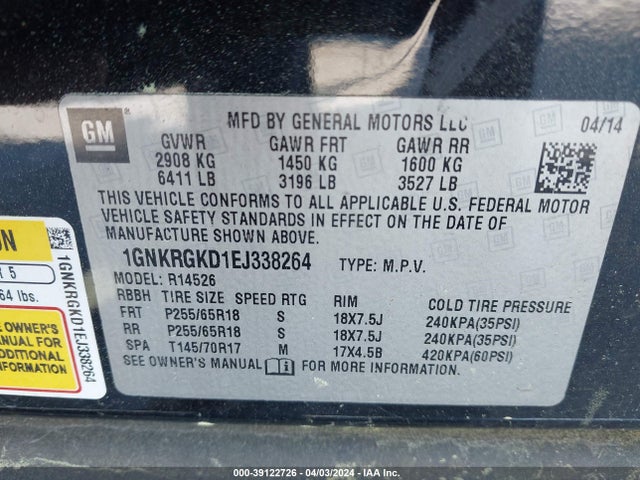 Chevrolet Traverse 1lt 2014 1GNKRGKD1EJ338264 Image 9