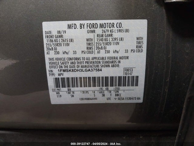Ford EXPLORER XLT 2020 1FMSK8DH3LGA37584 Image 9