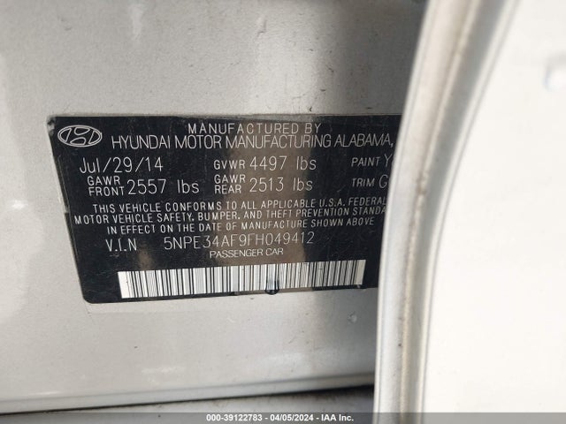 Hyundai Sonata Limited 2015 5NPE34AF9FH049412 Image 9