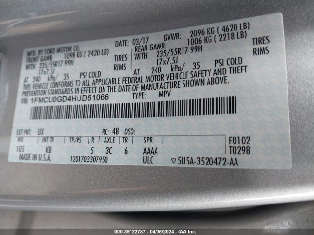 Ford ESCAPE SE 2017 1FMCU0GD4HUD51066 Image 9