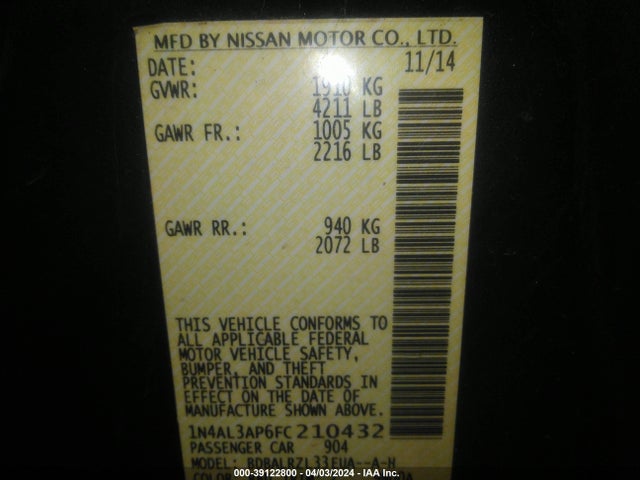 Nissan Altima 2.5 Sl 2015 1N4AL3AP6FC210432 Image 9