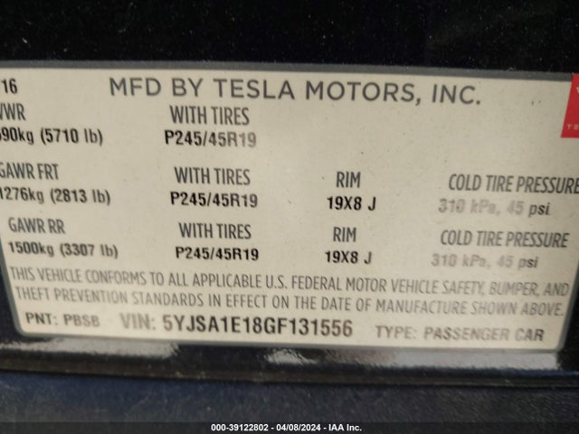 Tesla Model S 60/70/75/85 2016 5YJSA1E18GF131556 Image 9