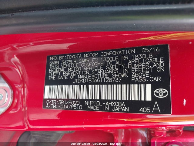 Toyota Prius C Three 2016 JTDKDTB36G1128737 Image 9