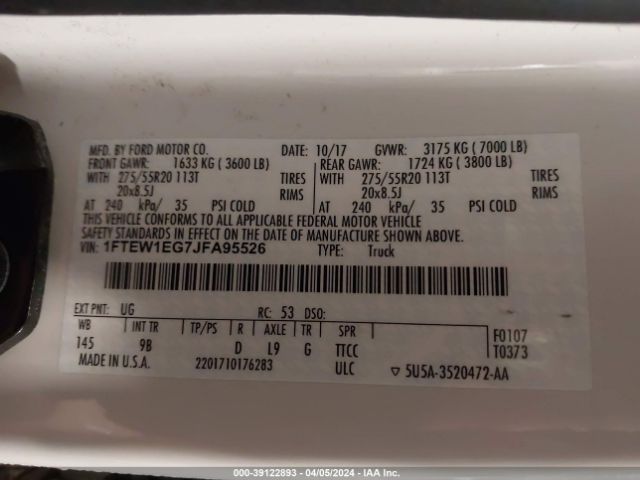 1FTEW1EG7JFA95526 Ford F-150 Platinum