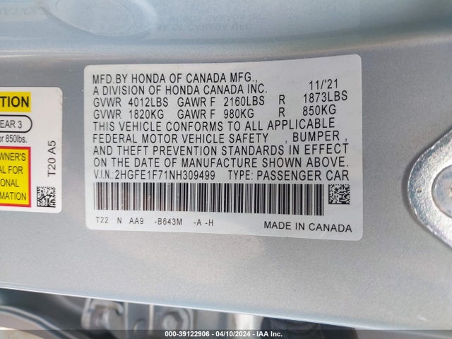 Honda CIVIC EX 2022 2HGFE1F71NH309499 Image 9