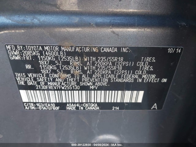 Toyota Rav4 Limited 2015 2T3DFREV7FW255130 Image 9