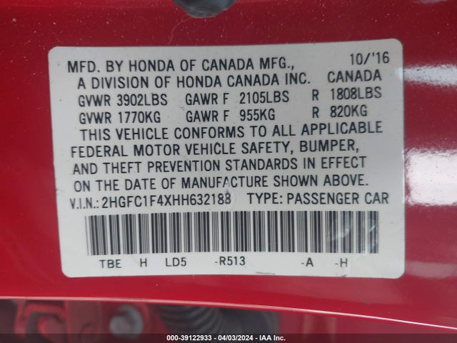 Honda Civic Ex-t 2017 2HGFC1F4XHH632188 Image 9