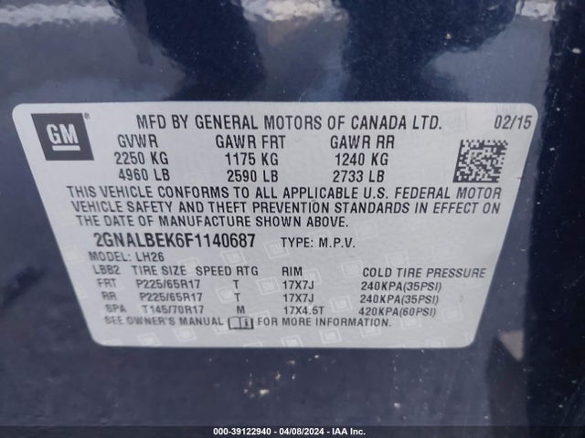 Chevrolet EQUINOX 1LT 2015 2GNALBEK6F1140687 Image 9