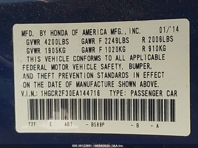 Honda ACCORD LX 2014 1HGCR2F30EA144716 Image 9