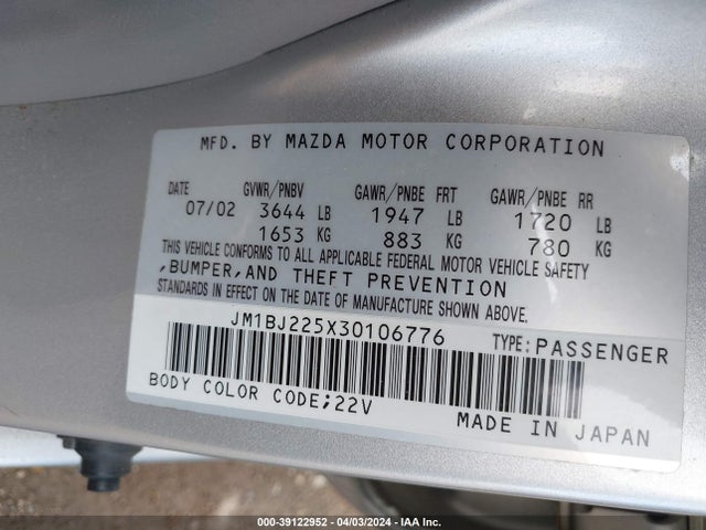 39122952 :رقم المزاد ، JM1BJ225X30106776 vin ، 2003 Mazda Protege Dx/es/lx مزاد بيع