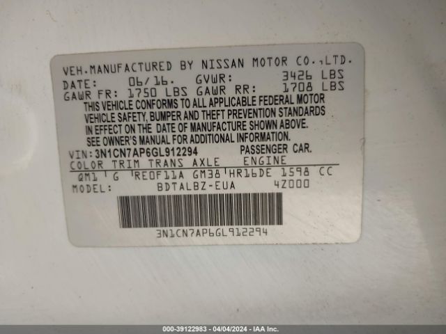 3N1CN7AP6GL912294 Nissan Versa 1.6 Sv