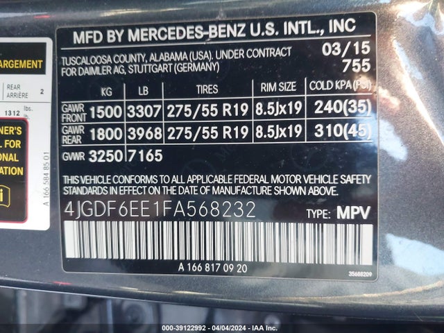 4JGDF6EE1FA568232 Mercedes-Benz 2015