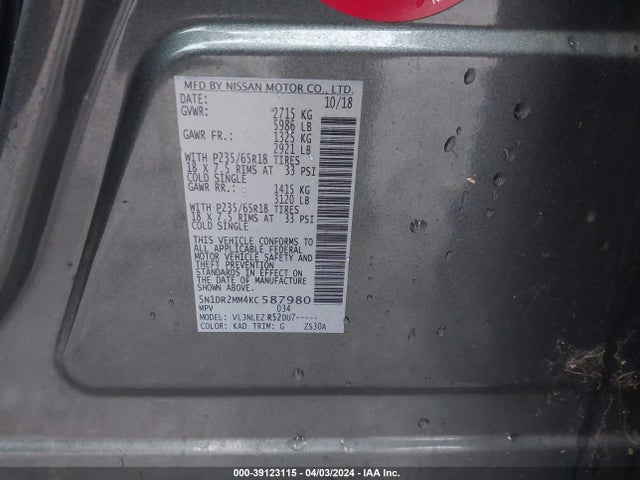 Nissan Pathfinder Sv 2019 5N1DR2MM4KC587980 Image 9