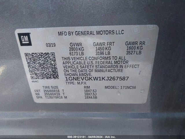 Chevrolet Traverse 1lt 2019 1GNEVGKW1KJ267587 Image 9