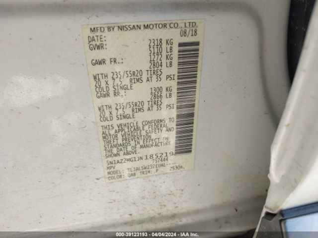 5N1AZ2MG1JN185219 Nissan Murano Platinum