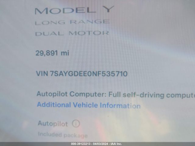 7SAYGDEE0NF535710 Tesla Model Y Long Range Dual Motor All-wheel Drive