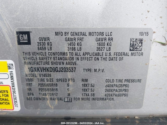 Chevrolet Traverse 2lt 2016 1GNKVHKD9GJ203537 Image 9