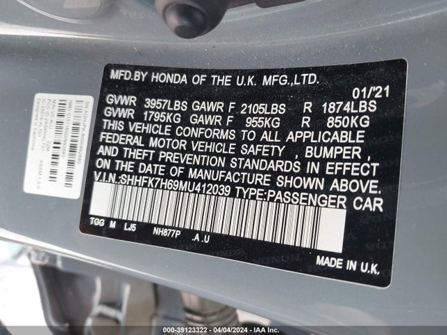 Honda CIVIC EX 2021 SHHFK7H69MU412039 Image 9
