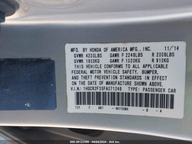 Honda ACCORD LX 2015 1HGCR2F35FA071246 Image 9